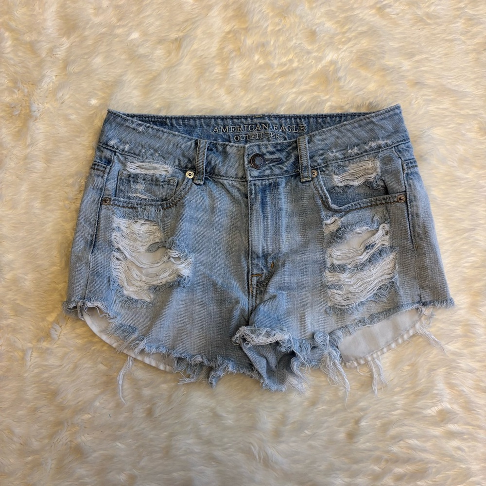 American Eagle Outfitters Distressed Raw Hem Light Wash Denim Jean Shorts  4